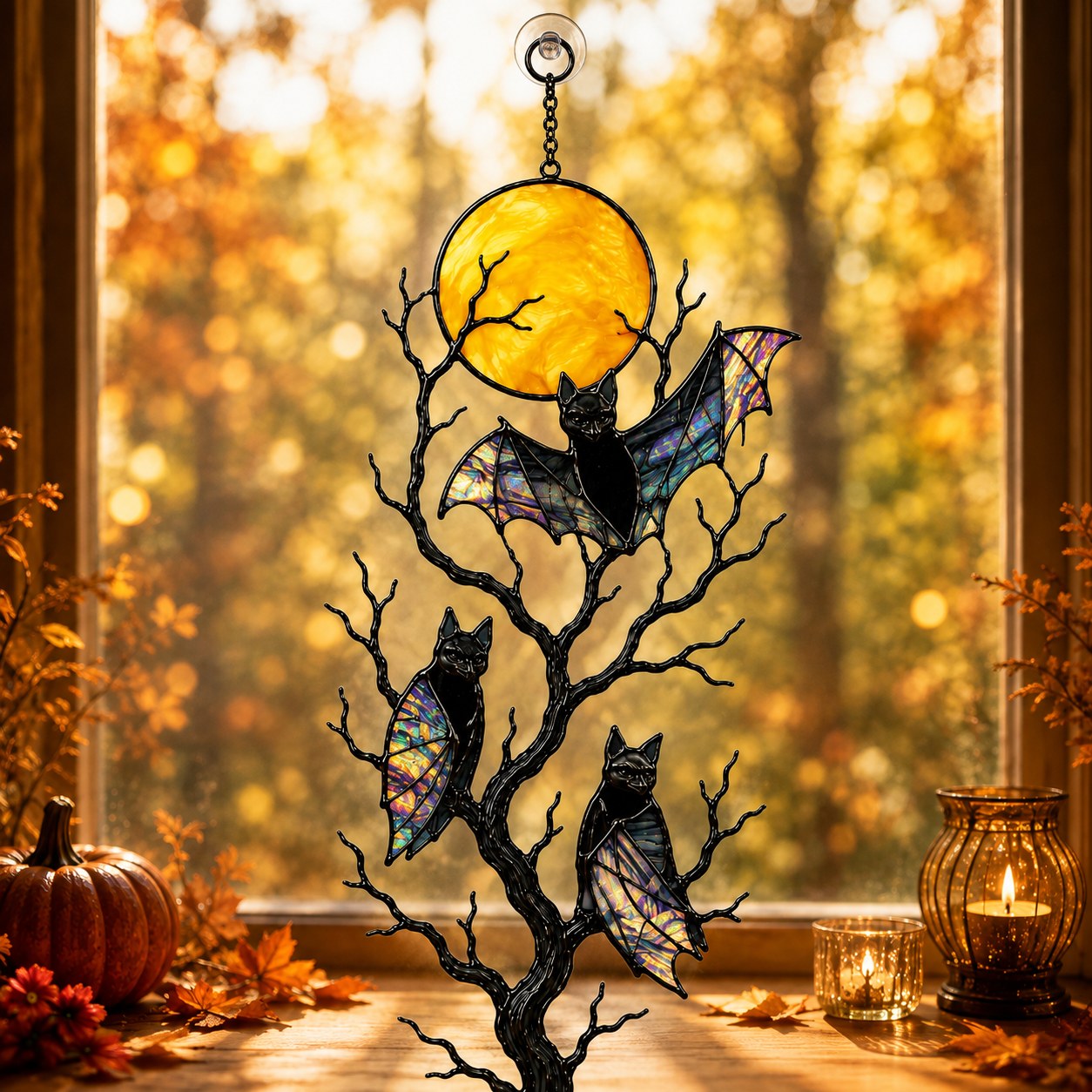 Three Bats on a Bare Tree Under a Harvest Moon Holographic Acrylic Suncatcher