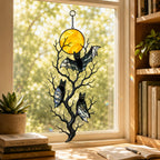 Three Bats on a Bare Tree Under a Harvest Moon Holographic Acrylic Suncatcher