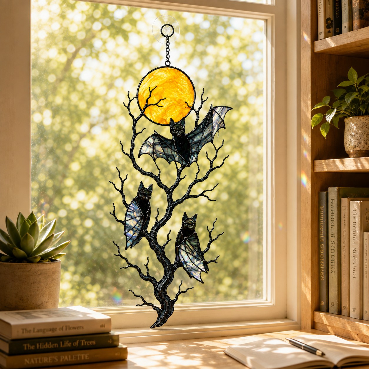 Three Bats on a Bare Tree Under a Harvest Moon Holographic Acrylic Suncatcher