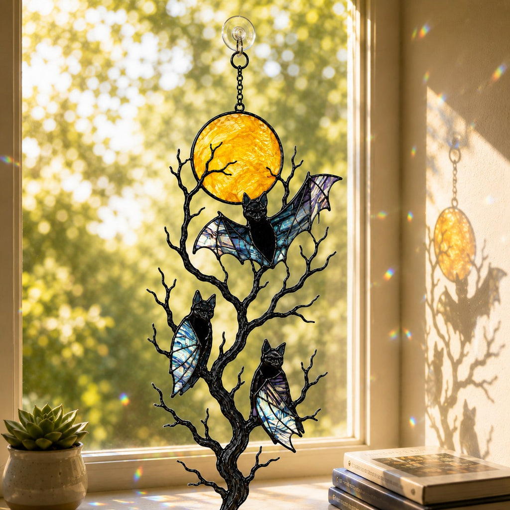 Three Bats on a Bare Tree Under a Harvest Moon Holographic Acrylic Suncatcher