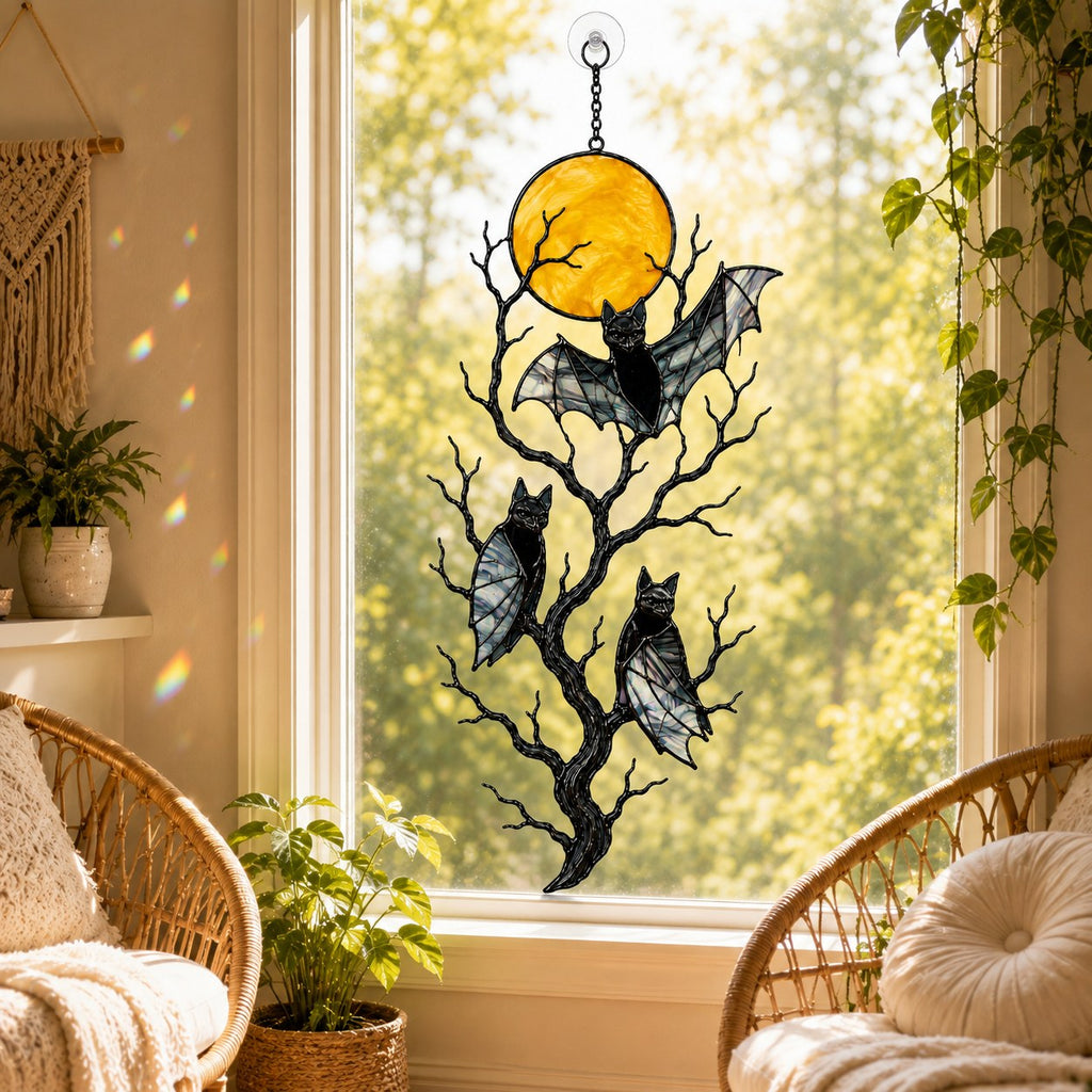Three Bats on a Bare Tree Under a Harvest Moon Holographic Acrylic Suncatcher