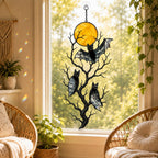 Three Bats on a Bare Tree Under a Harvest Moon Holographic Acrylic Suncatcher