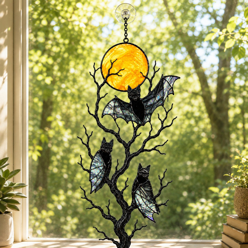 Three Bats on a Bare Tree Under a Harvest Moon Holographic Acrylic Suncatcher