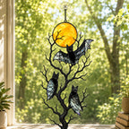 Three Bats on a Bare Tree Under a Harvest Moon Holographic Acrylic Suncatcher