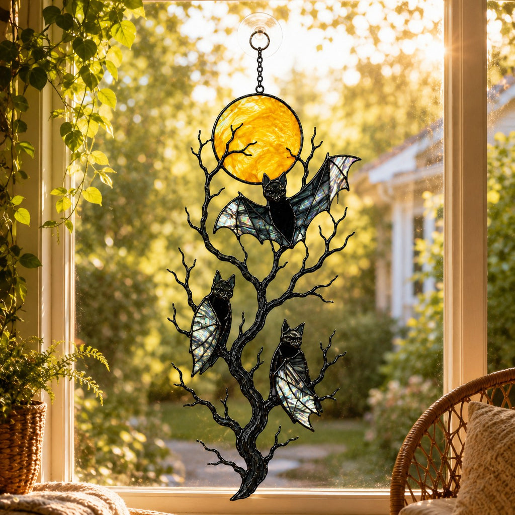 Three Bats on a Bare Tree Under a Harvest Moon Holographic Acrylic Suncatcher