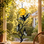 Three Bats on a Bare Tree Under a Harvest Moon Holographic Acrylic Suncatcher