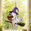 Ghost Witch on a Broomstick with Masked Pumpkin Holographic Acrylic Suncatcher