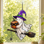 Ghost Witch on a Broomstick with Masked Pumpkin Holographic Acrylic Suncatcher