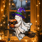 Ghost Witch on a Broomstick with Masked Pumpkin Holographic Acrylic Suncatcher
