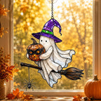 Ghost Witch on a Broomstick with Masked Pumpkin Holographic Acrylic Suncatcher