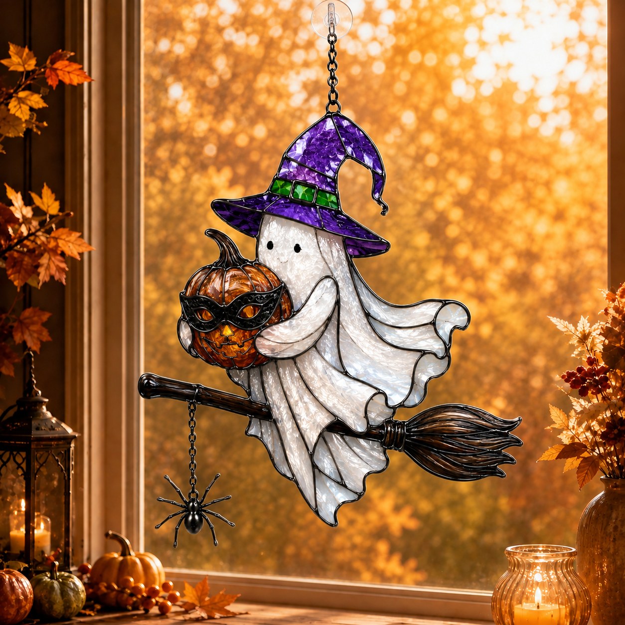 Ghost Witch on a Broomstick with Masked Pumpkin Holographic Acrylic Suncatcher