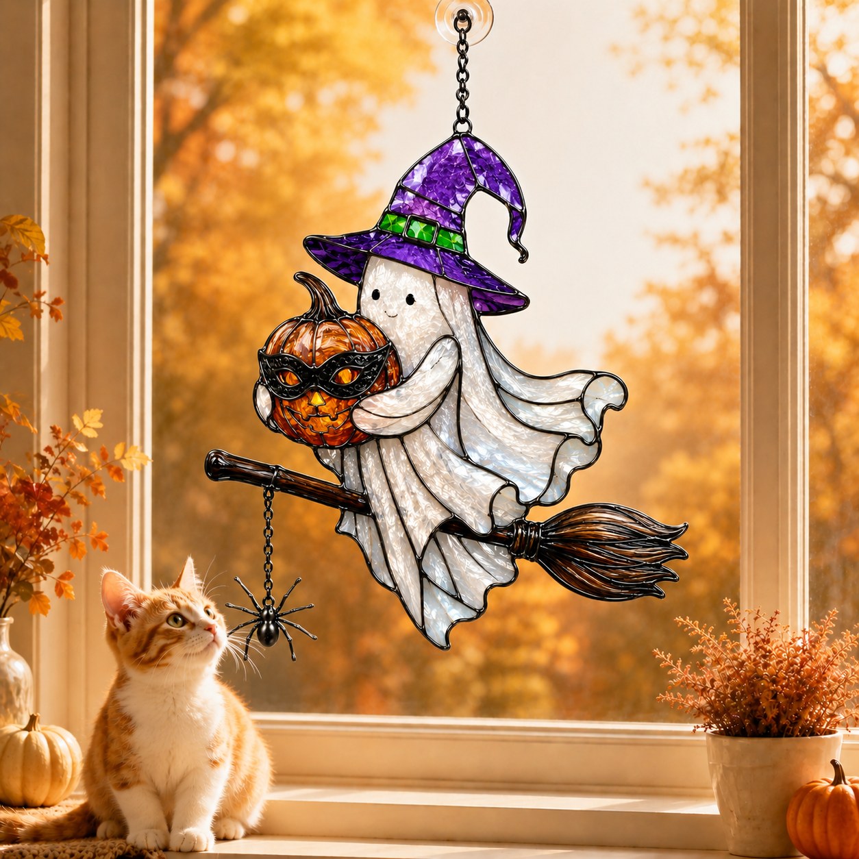 Ghost Witch on a Broomstick with Masked Pumpkin Holographic Acrylic Suncatcher