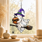 Ghost Witch on a Broomstick with Masked Pumpkin Holographic Acrylic Suncatcher