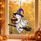Ghost Witch on a Broomstick with Masked Pumpkin Holographic Acrylic Suncatcher
