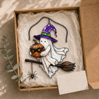 Ghost Witch on a Broomstick with Masked Pumpkin Holographic Acrylic Suncatcher