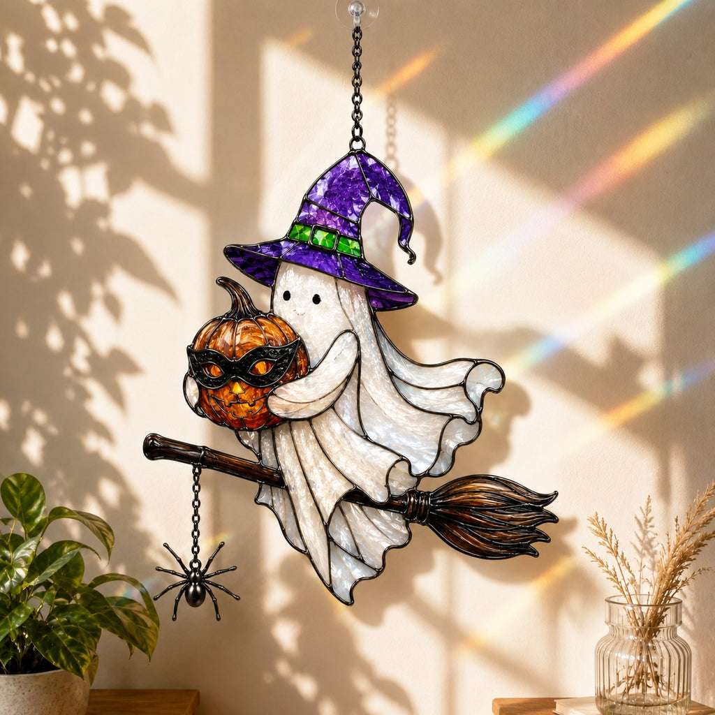 Ghost Witch on a Broomstick with Masked Pumpkin Holographic Acrylic Suncatcher