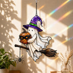 Ghost Witch on a Broomstick with Masked Pumpkin Holographic Acrylic Suncatcher