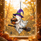 Ghost Witch on a Broomstick with Masked Pumpkin Holographic Acrylic Suncatcher