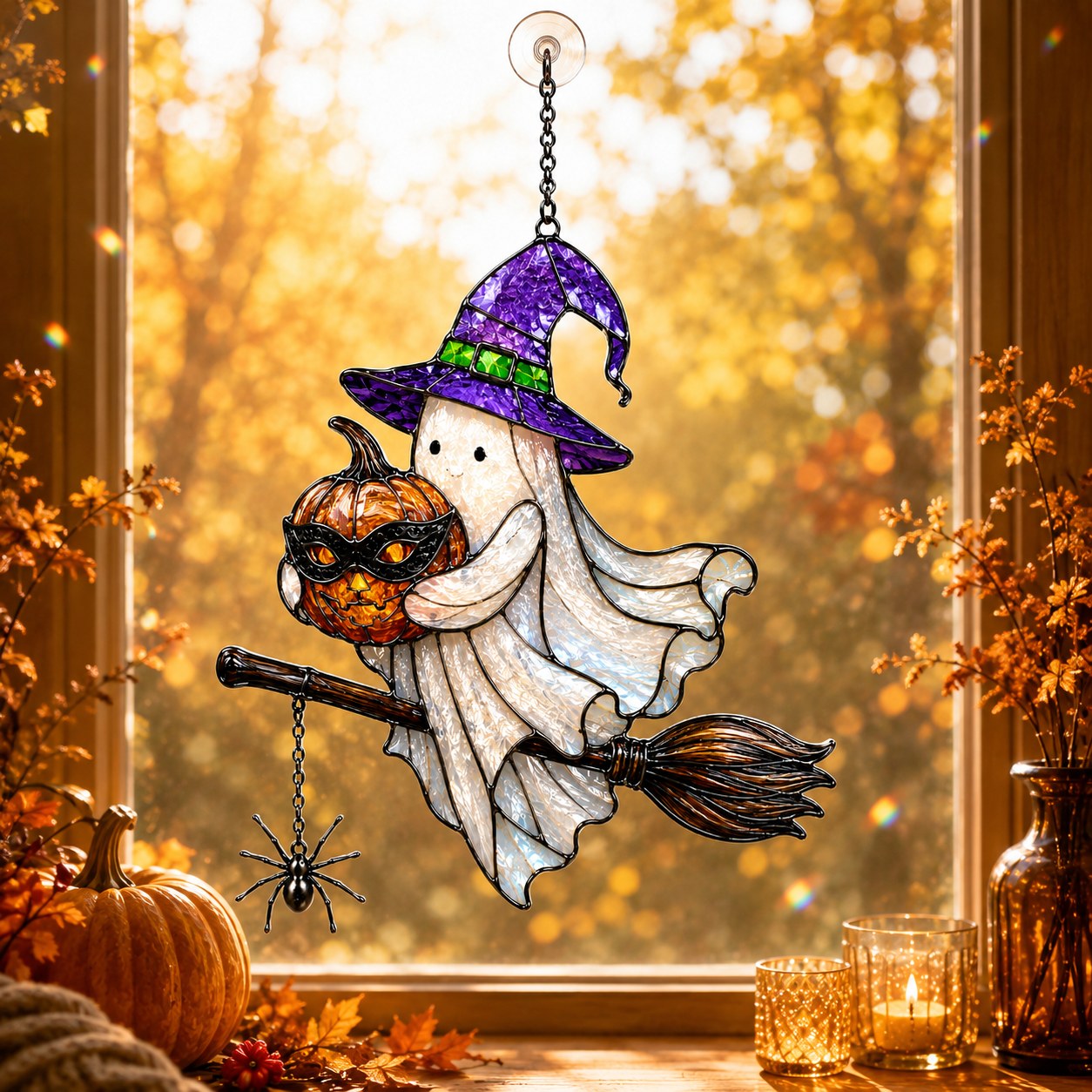 Ghost Witch on a Broomstick with Masked Pumpkin Holographic Acrylic Suncatcher