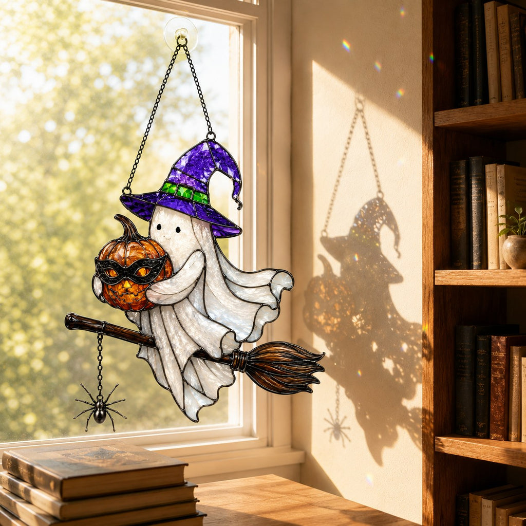 Ghost Witch on a Broomstick with Masked Pumpkin Holographic Acrylic Suncatcher