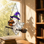 Ghost Witch on a Broomstick with Masked Pumpkin Holographic Acrylic Suncatcher