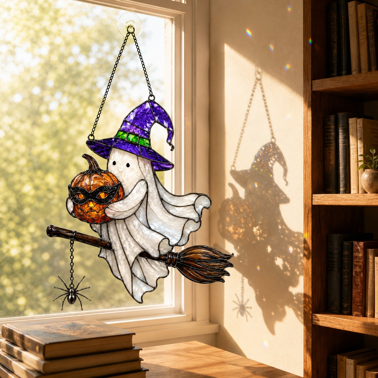 Ghost Witch on a Broomstick with Masked Pumpkin Holographic Acrylic Suncatcher
