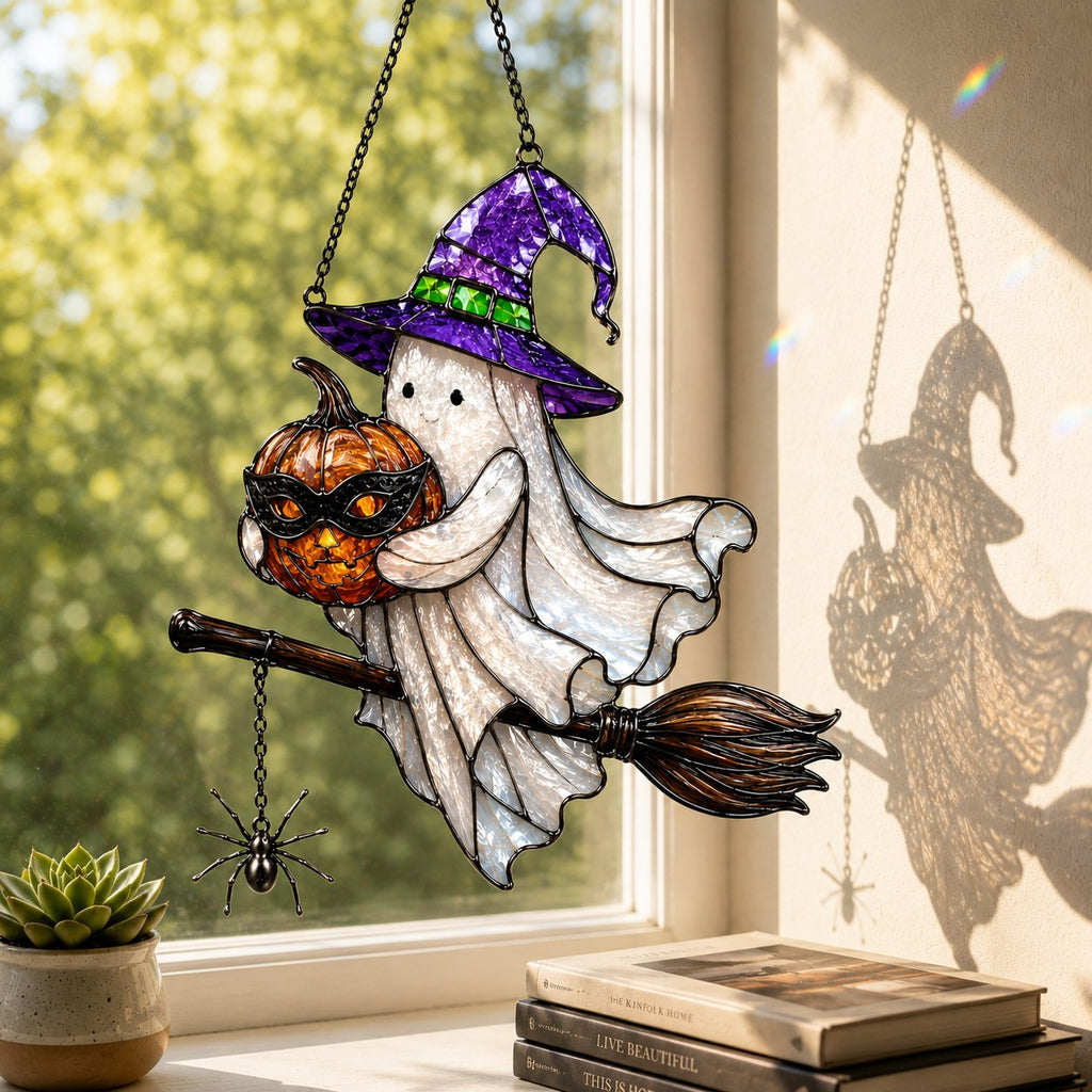 Ghost Witch on a Broomstick with Masked Pumpkin Holographic Acrylic Suncatcher