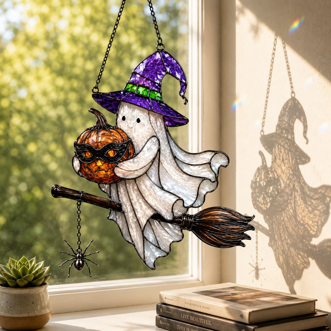 Ghost Witch on a Broomstick with Masked Pumpkin Holographic Acrylic Suncatcher