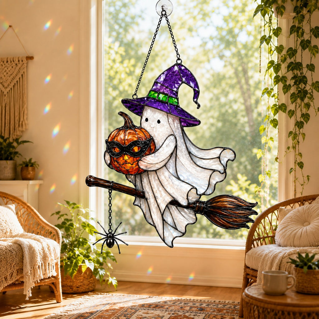 Ghost Witch on a Broomstick with Masked Pumpkin Holographic Acrylic Suncatcher