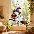 Ghost Witch on a Broomstick with Masked Pumpkin Holographic Acrylic Suncatcher
