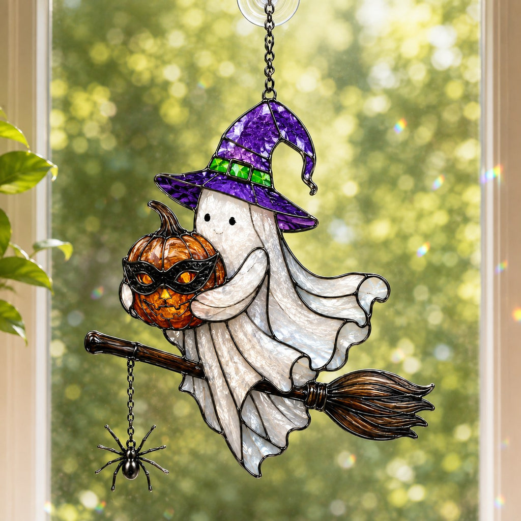 Ghost Witch on a Broomstick with Masked Pumpkin Holographic Acrylic Suncatcher