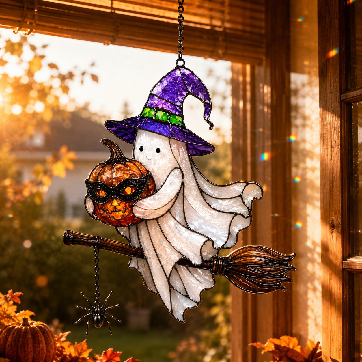 Ghost Witch on a Broomstick with Masked Pumpkin Holographic Acrylic Suncatcher