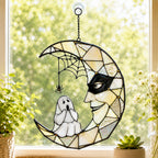 Masquerade Moon Face with Little Ghost Holographic Acrylic Suncatcher