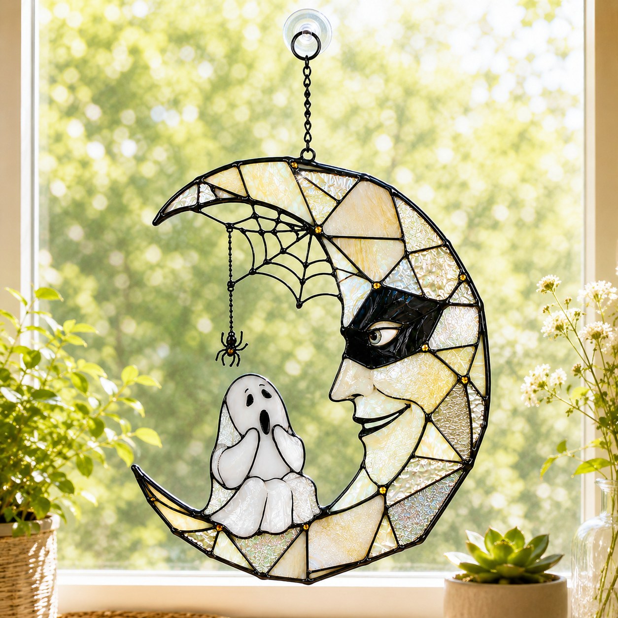 Masquerade Moon Face with Little Ghost Holographic Acrylic Suncatcher