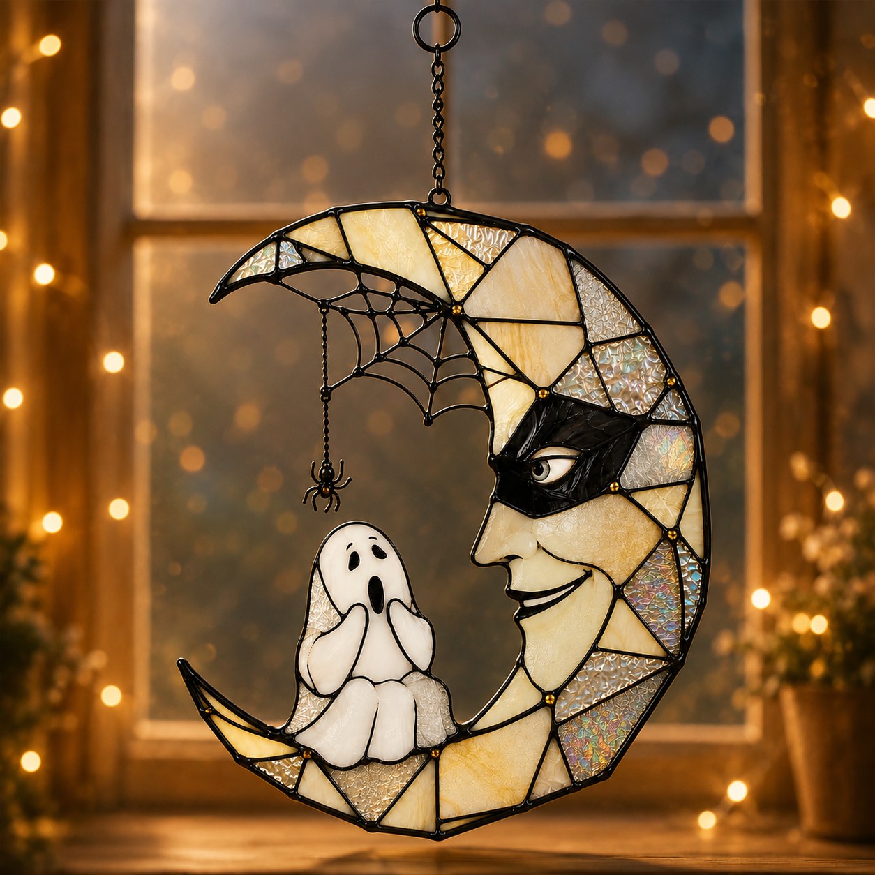 Masquerade Moon Face with Little Ghost Holographic Acrylic Suncatcher