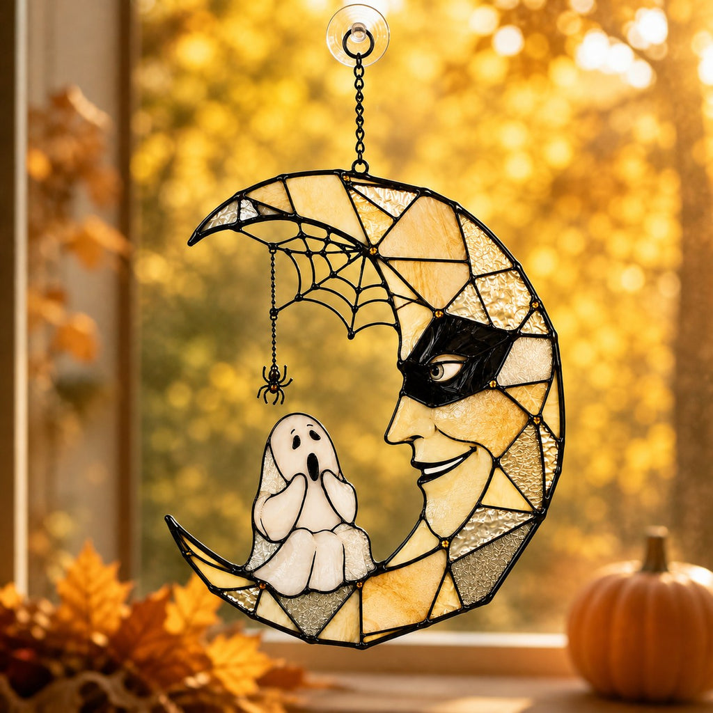Masquerade Moon Face with Little Ghost Holographic Acrylic Suncatcher