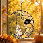 Masquerade Moon Face with Little Ghost Holographic Acrylic Suncatcher