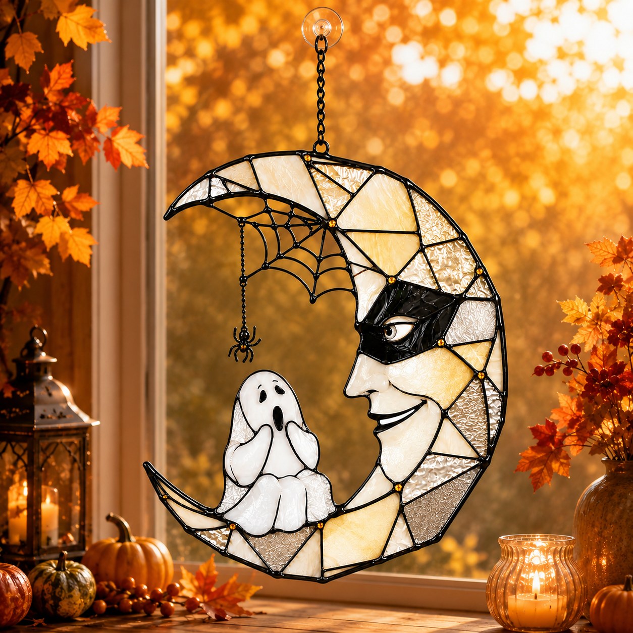 Masquerade Moon Face with Little Ghost Holographic Acrylic Suncatcher
