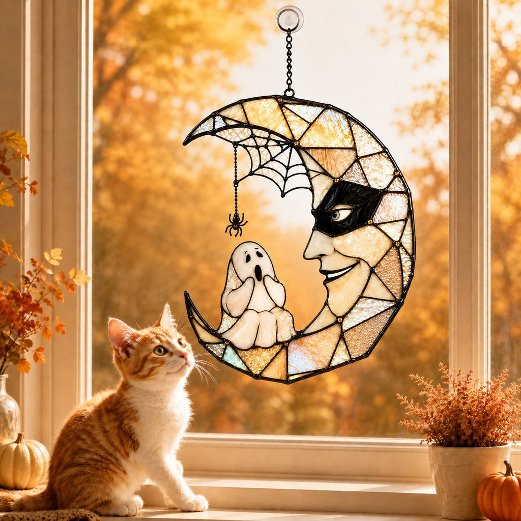 Masquerade Moon Face with Little Ghost Holographic Acrylic Suncatcher
