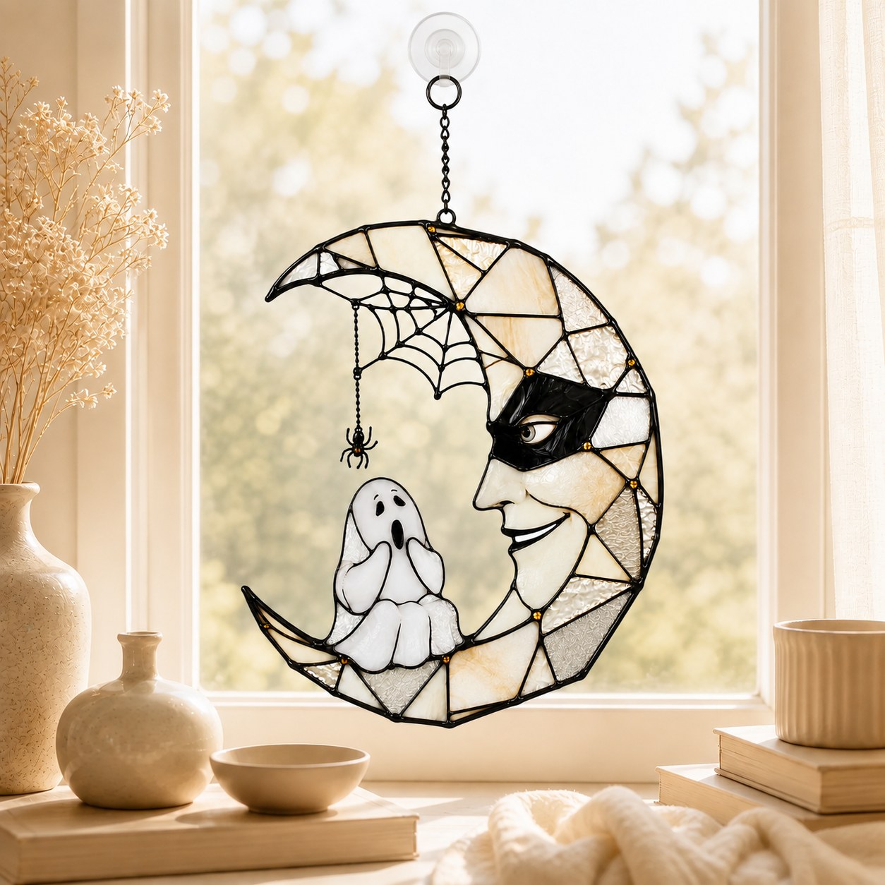 Masquerade Moon Face with Little Ghost Holographic Acrylic Suncatcher