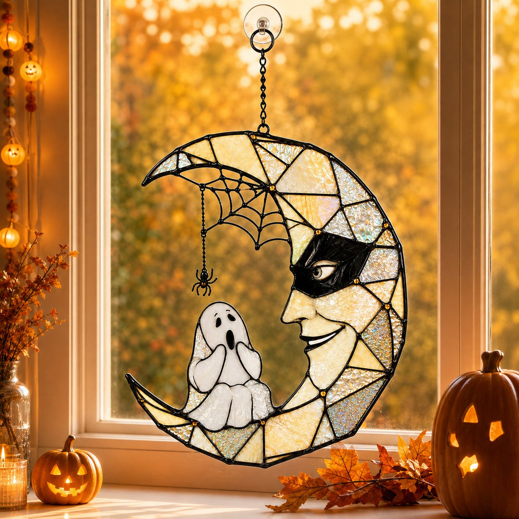 Masquerade Moon Face with Little Ghost Holographic Acrylic Suncatcher