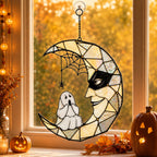Masquerade Moon Face with Little Ghost Holographic Acrylic Suncatcher