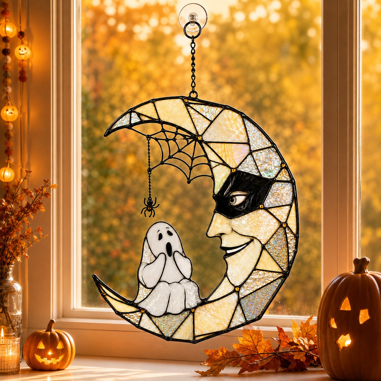 Masquerade Moon Face with Little Ghost Holographic Acrylic Suncatcher