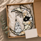 Masquerade Moon Face with Little Ghost Holographic Acrylic Suncatcher