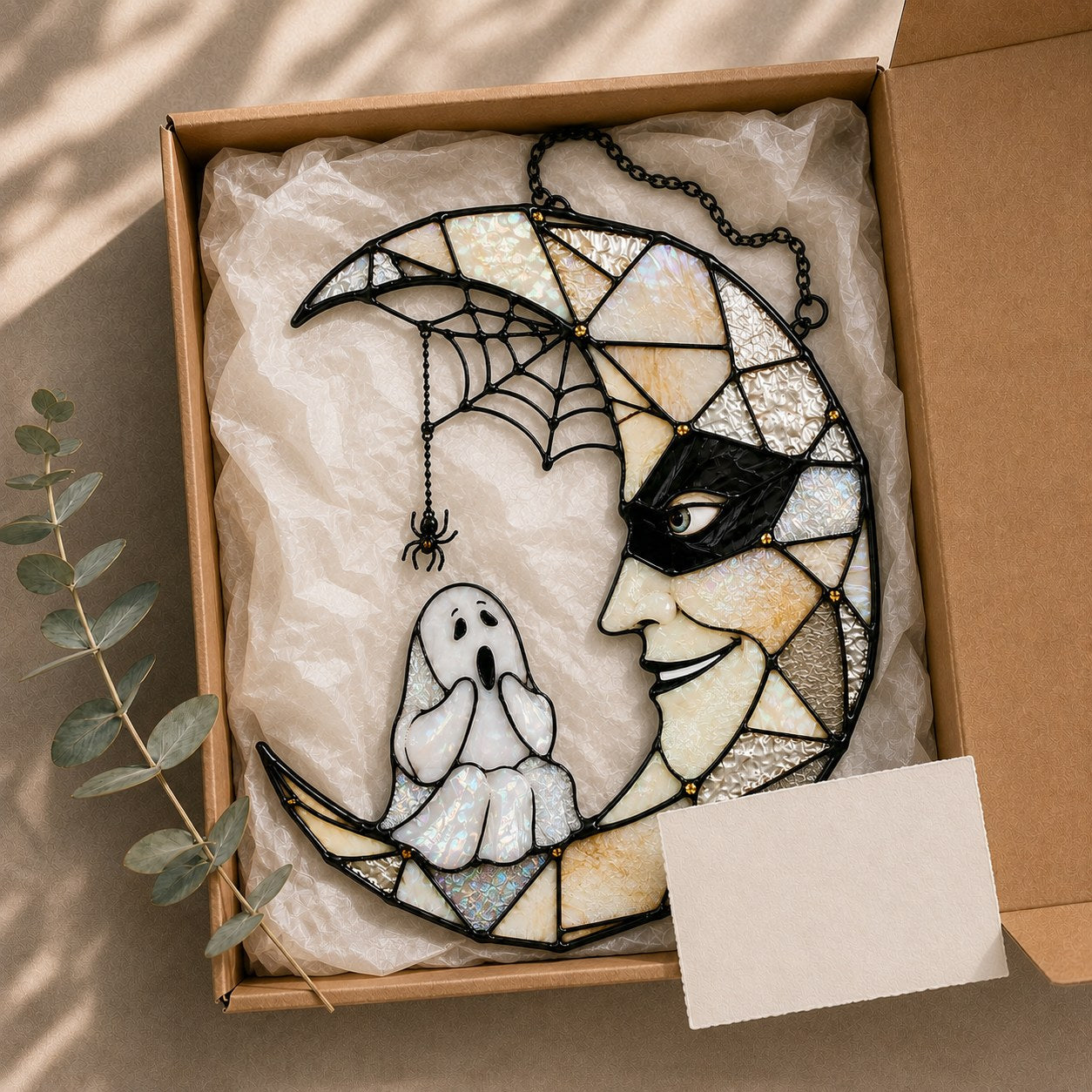 Masquerade Moon Face with Little Ghost Holographic Acrylic Suncatcher
