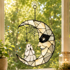 Masquerade Moon Face with Little Ghost Holographic Acrylic Suncatcher