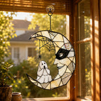 Masquerade Moon Face with Little Ghost Holographic Acrylic Suncatcher