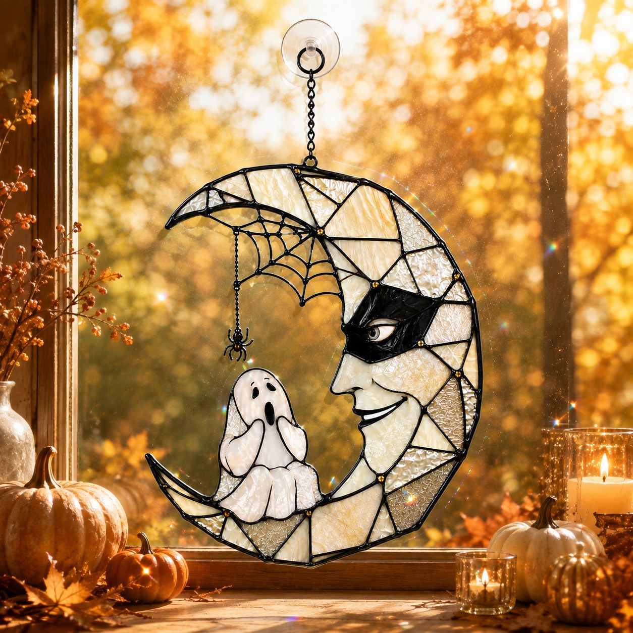 Masquerade Moon Face with Little Ghost Holographic Acrylic Suncatcher