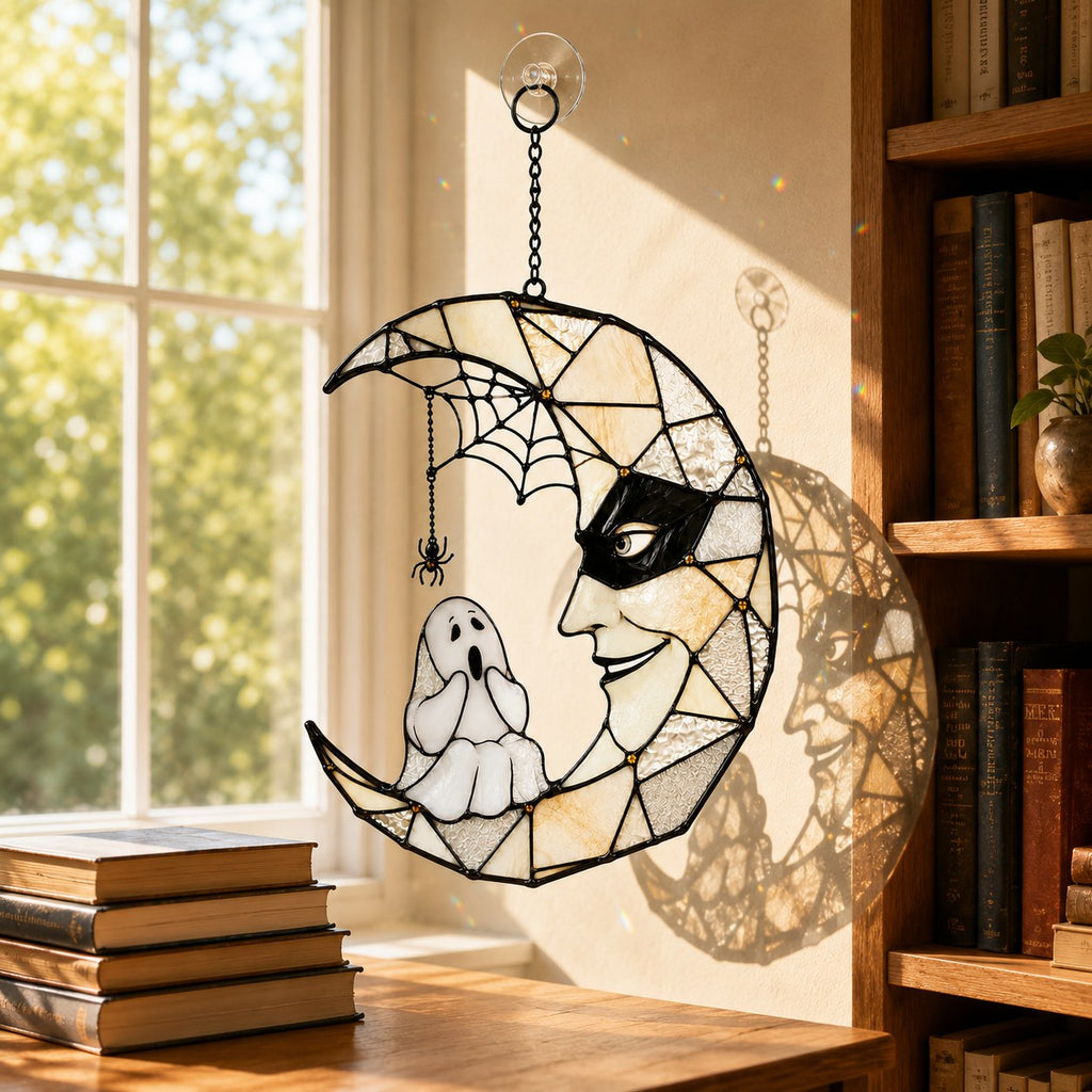 Masquerade Moon Face with Little Ghost Holographic Acrylic Suncatcher