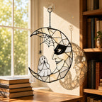 Masquerade Moon Face with Little Ghost Holographic Acrylic Suncatcher